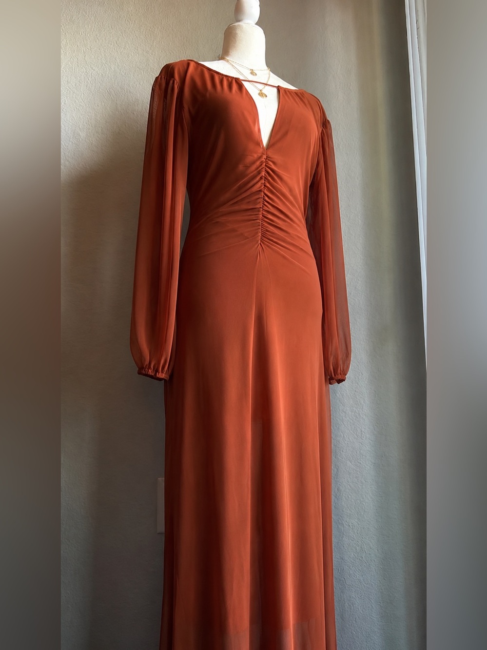 Acoa Rust Burnt Orange Mesh Sleeve Ruched Maxi Dress Open Back Size S